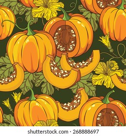 Vector botanical seamless pattern with pumpkins, flowers and leaves