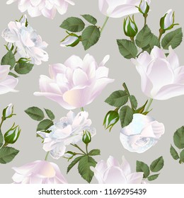 Vector botanical seamless pattern with rose and tulips flowers. Modern floral pattern for textile, wallpaper, print, gift wrap, greeting or wedding background.