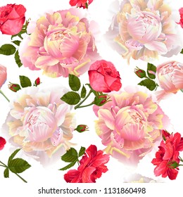 Vector botanical seamless pattern with roses and peonies flowers.Modern floral pattern for textile, wallpaper, print, gift wrap, greeting or wedding background. Spring or summer design.