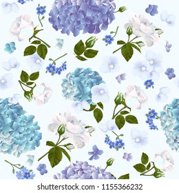 Vector botanical seamless pattern with roses and hydrangea flowers. Modern floral pattern for textile, wallpaper, print, gift wrap, greeting or wedding background. Spring or summer design.