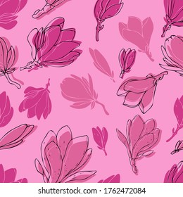 vector botanical seamless pattern, silhouettes of pink magnolia flowers on a delicate background with contour, cute ornament