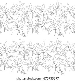 Vector  botanical seamless pattern with  simple hand drawn twigs with leaves and berries.
