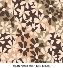 Vector botanical seamless pattern. Small bright daisies. Plain flowers in vintage style. Floral hand free drawing for textile, fabric and background.