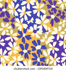 Vector botanical seamless pattern. Small bright daisies. Plain flowers in vintage style. Floral freehand drawing for textile, fabric and background.