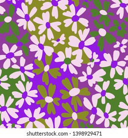 Vector botanical seamless pattern. Small bright daisies. Plain flowers in vintage style. Floral hand free drawing for textile, fabric and background.