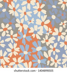 Vector botanical seamless pattern. Small bright daisies. Plain flowers in vintage style. Floral hand free drawing for textile, fabric and background.