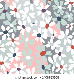 Vector botanical seamless pattern. Small bright daisies. Plain flowers in vintage style. Floral hand free drawing for textile, fabric and background.