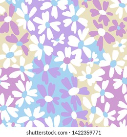 Vector botanical seamless pattern. Small bright daisies. Plain flowers in vintage style. Floral hand free drawing for textile, fabric and background.