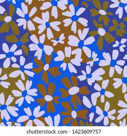 Vector botanical seamless pattern. Small bright daisies. Plain flowers in vintage style. Floral hand free drawing for textile, fabric and background.