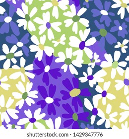 Vector botanical seamless pattern. Small bright daisies. Plain flowers in vintage style. Floral hand free drawing for textile, fabric and background.