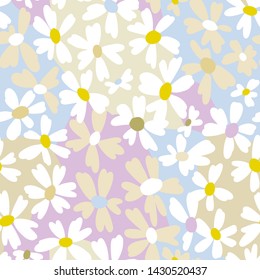 Vector botanical seamless pattern. Small bright daisies. Plain flowers in vintage style. Floral hand free drawing for textile, fabric and background.