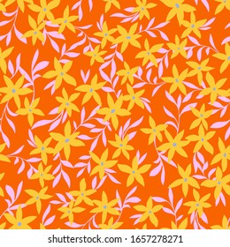 Vector botanical seamless pattern. Small daisies. Glade of wild flowers in vintage style. Flat simple floral freehand background for fashion design, textile, fabric, wallpaper, surface or wrapping.