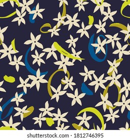 Vector botanical seamless pattern. Small daisies on memphis elements. Glade of wild meadow flowers in vintage style. Flat simple floral freehand background.