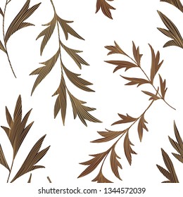 Vector botanical seamless pattern. Stems with textured leaves. Simple nature background. 
