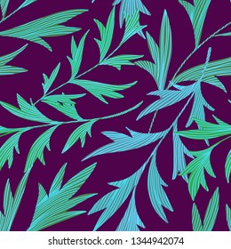 Vector botanical seamless pattern. Stems with textured leaves. Simple nature background. 