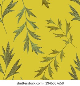 Vector botanical seamless pattern. Stems with textured leaves. Simple nature background. 