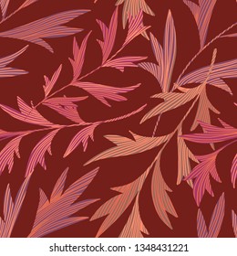 Vector botanical seamless pattern. Stems with textured leaves. Simple nature background. 