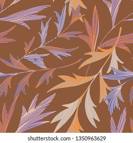 Vector botanical seamless pattern. Stems with textured leaves. Simple nature background. 