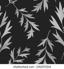 Vector botanical seamless pattern. Stems with textured leaves. Simple nature background. 