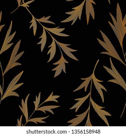 Vector botanical seamless pattern. Stems with textured leaves. Simple nature background. 