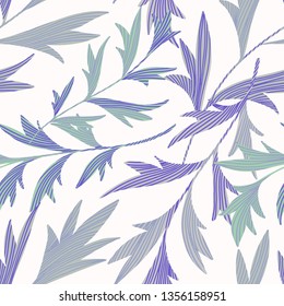 Vector botanical seamless pattern. Stems with textured leaves. Simple nature background. 