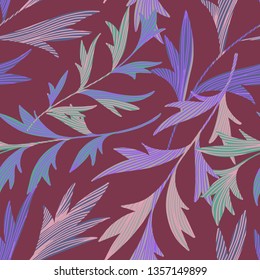 Vector botanical seamless pattern. Stems with textured leaves. Simple nature background. 