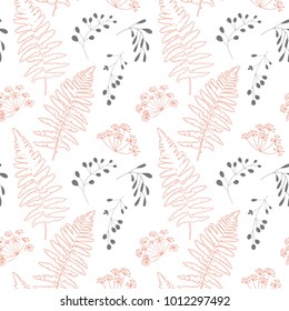 Vector botanical seamless pattern with  stylized berries, fern leaves and dill flowers. 