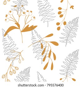 Vector botanical seamless pattern with  stylized rowan tree berries and fern leaves. Hand drawn twigs and berries in pastel colors.