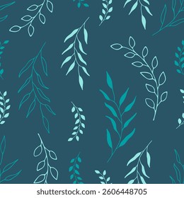 Vector botanical seamless pattern with subtle hand-drawn leaves in blue shades on a dark background. Vector minimalist background with delicate drawn branches with leaves for textile, packaging, etc.