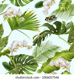 Vector botanical seamless pattern with tropical leaves, orchid flowers and little frog on blue. Background design for cosmetics, spa, wedding, web page. Best for hawaiian style print, wrapping paper