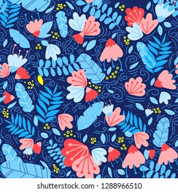 Vector botanical seamless pattern with tropical leaves, plants and berries. Big colorful flowers. Trendy color palette