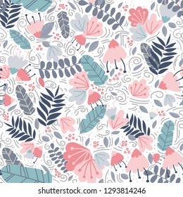 Vector botanical seamless pattern with tropical leaves, plants and berries. Big colorful flowers. Trendy color palette