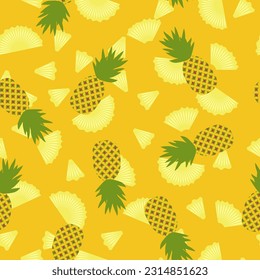 Vector botanical seamless pattern with tropical fruits. Exotic pineapples, ananas on yellow background