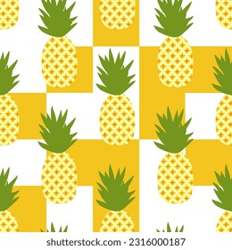 Vector botanical seamless pattern with tropical fruits. Pineapples on yellow and white squares