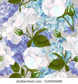 Vector botanical seamless pattern with white roses and hydrangea flowers. Modern floral pattern for textile, wallpaper, print, gift wrap, greeting or wedding background. Spring or summer design.