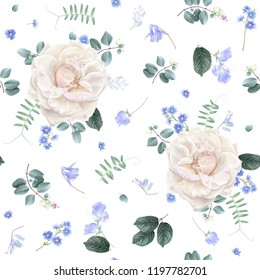 Vector botanical seamless pattern with white roses and blue flowers on white. Floral background for natural cosmetics, perfume, women products, greeting or wedding card, wrapping paper, fabric print