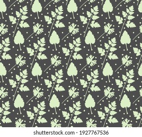 Vector botanical seamless pattern, white silhouettes of meadow herbs. Grey background is easy to change