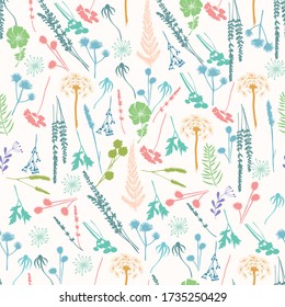 Vector botanical seamless pattern with wild flowers, fern, leaves, lavender and meadow herbs and grass. Floral texture for fabric design in hand-drawn style. 