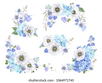 Vector botanical set with blue flowers isolated on white background. Floral design for natural cosmetics, perfume, women products. Can be used for greeting card, wedding invitation, spring background