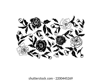 Vector botanical set of simple plants with blossoms.Collection of abstract bold flowers. Hand drawn  art style. Black brush paint flower silhouettes with leaves. 