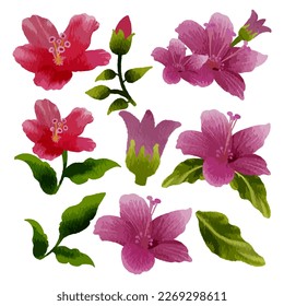 Botanischer Blumenbestand aus Wildblumen, die sich aus verschiedenen Teilen zusammensetzen und einen wunderschönen Blumenstrauß in Aquarellfarben zusammenbringen.