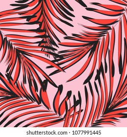 Vector botanical summer pattern in pink red colors. Leaf texture with tropical decoration. Foliage exootic graphic wallpaper. Island tribal interior floral element.