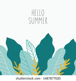Vector botanical template for greeting card. Set of design elements - leaves and flowers in a modern style. Set of abstract tropical leaves.