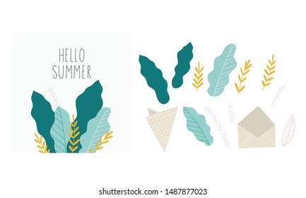 Vector botanical template for greeting card. Set of design elements - leaves and flowers in a modern style. Set of abstract tropical leaves.