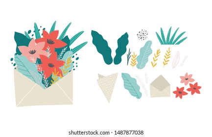 Vector botanical template for greeting card. Set of design elements - leaves and flowers in a modern style. Set of abstract tropical leaves.