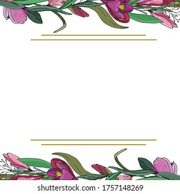 vector botanical template for greeting card or invitation, horizontal border of crocus flowers, magnolias and twigs with leaves with an empty middle for text