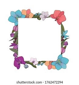 vector botanical template for greeting card or invitation, white square with a wreath of colored orchids, twigs and leaves