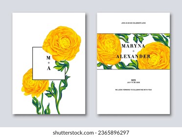 Plantilla botánica vectorial para postales, volante, banner, portada, invitación a la boda, afiche o post en medios sociales con mariposa amarilla realista, flores ranunculus y hojas verdes. Lugar para el texto