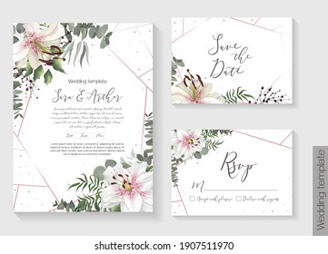 Vector botanical template for postcard. Mint and green foliage, royal white lilies, berries, eucalyptus, plants, geometric frame. Vector invitation set: square card for invitation, save the date, rsvp