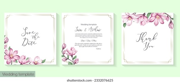 Plantilla botánica vectorial para bodas u otras invitaciones de celebración. Magnolia rosada delicada en acuarela. 